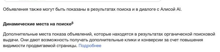 Фрагмент справки Яндекс Директа: объявления могут быть показаны в результатах поиска и в диалоге с Алисой AI