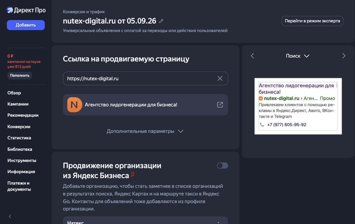 Предпросмотр объявления Яндекс Директа в поиске: заголовок, ссылка, текст и телефон