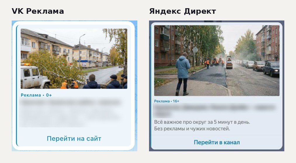 Превью рекламного блока в MAX в VK Рекламе и в Яндекс Директе: картинка, пометка «Реклама», заголовок, текст и кнопка