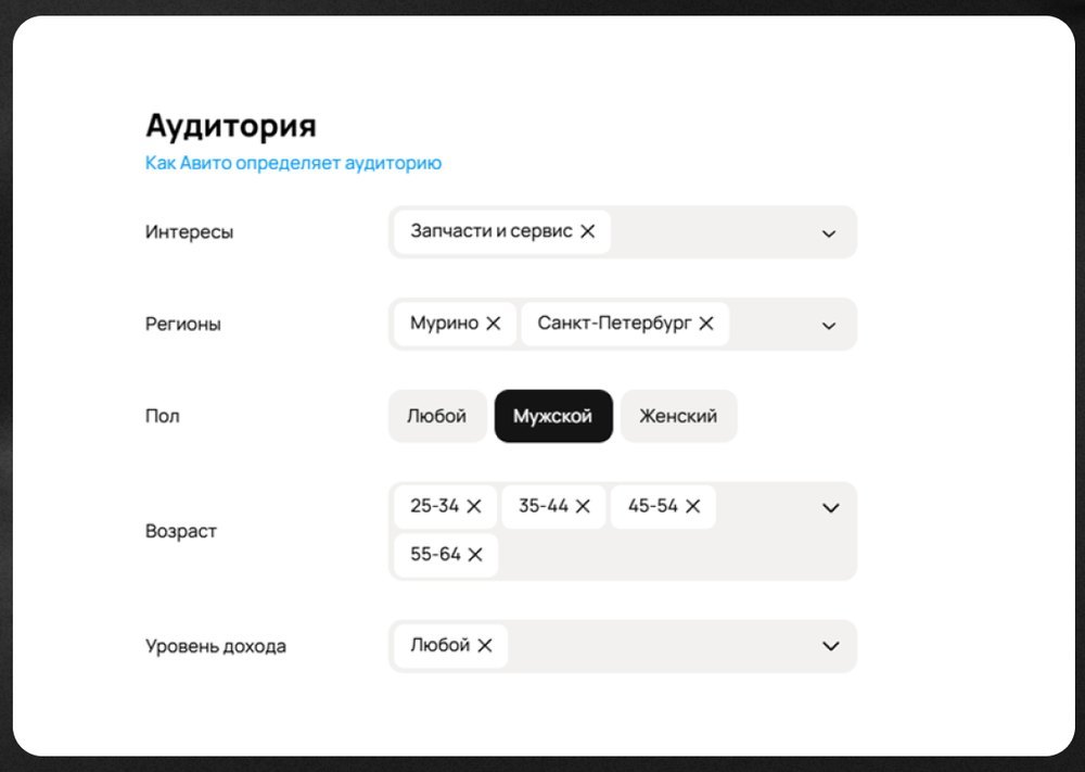 Настройка аудитории в кабинете Авито